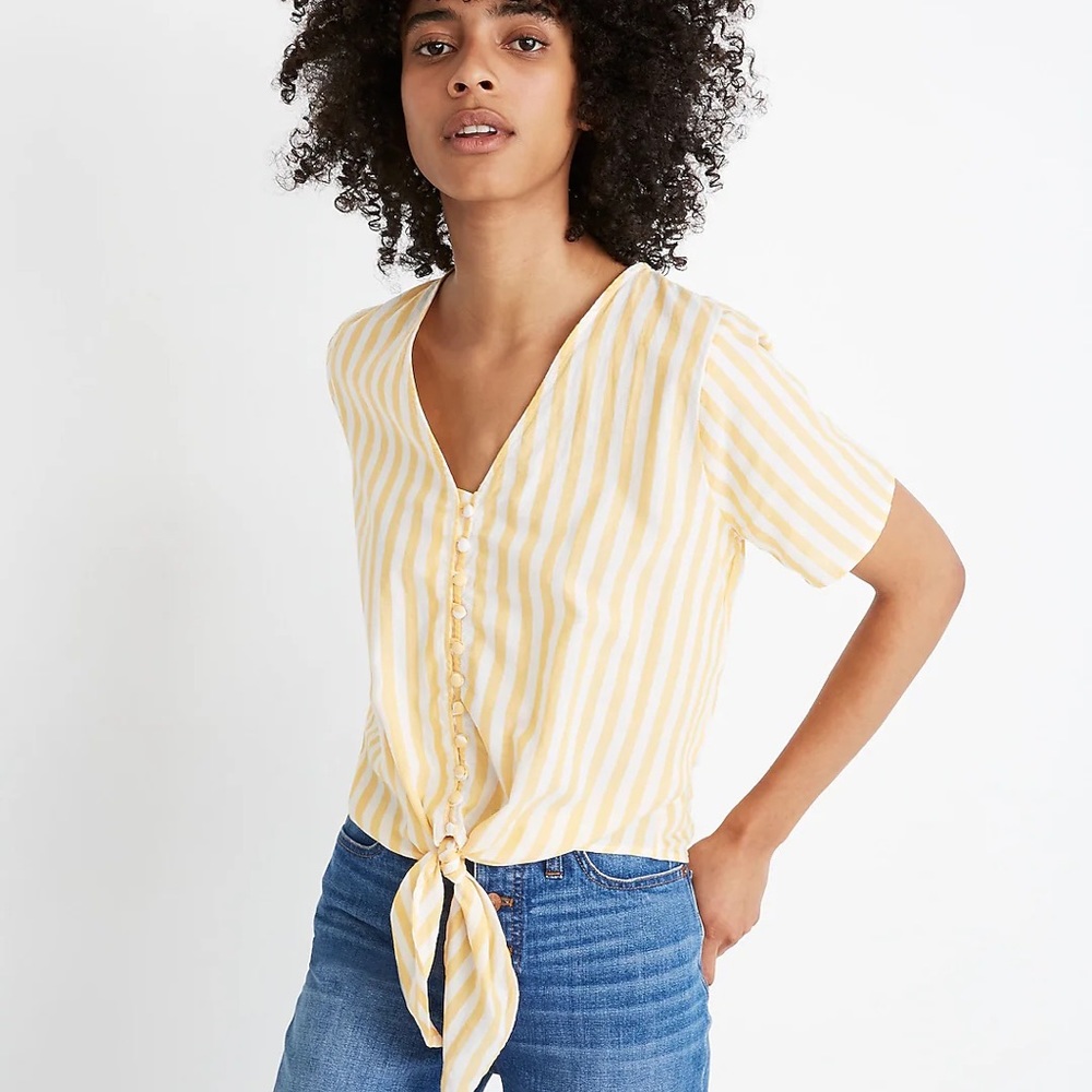 Madewell Agency Tie-Front Button Top in Pompano Yellow Stripe - Small